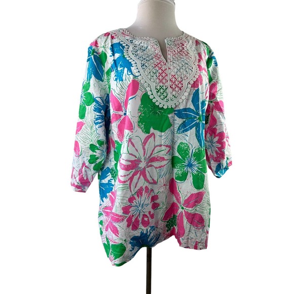 Talbots Lace Bib Tunic - Anguilla Floral Popover Split Neck Top Plus Size 3X - Picture 2 of 11